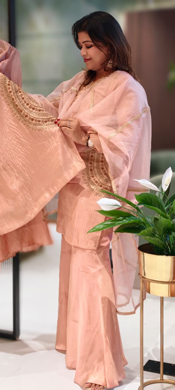 Fine Zardosi Work Golden Striped Full Suit Set With Tapered Palazzo Bottom & Dupatta In Tissue Fabric- 13056