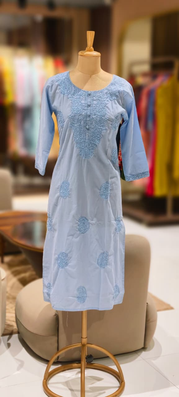 Chikankari Pastel Shade Buttoned Cotton Kurti Only- 13060