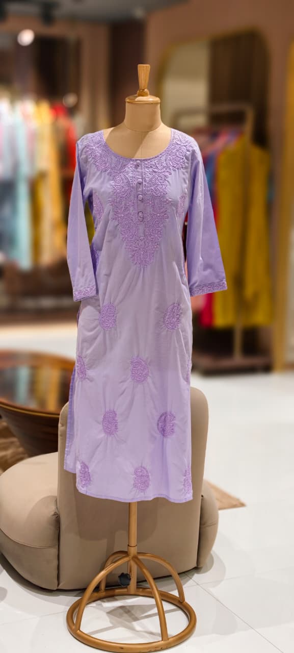 Chikankari Pastel Shade Buttoned Cotton Kurti Only- 13060