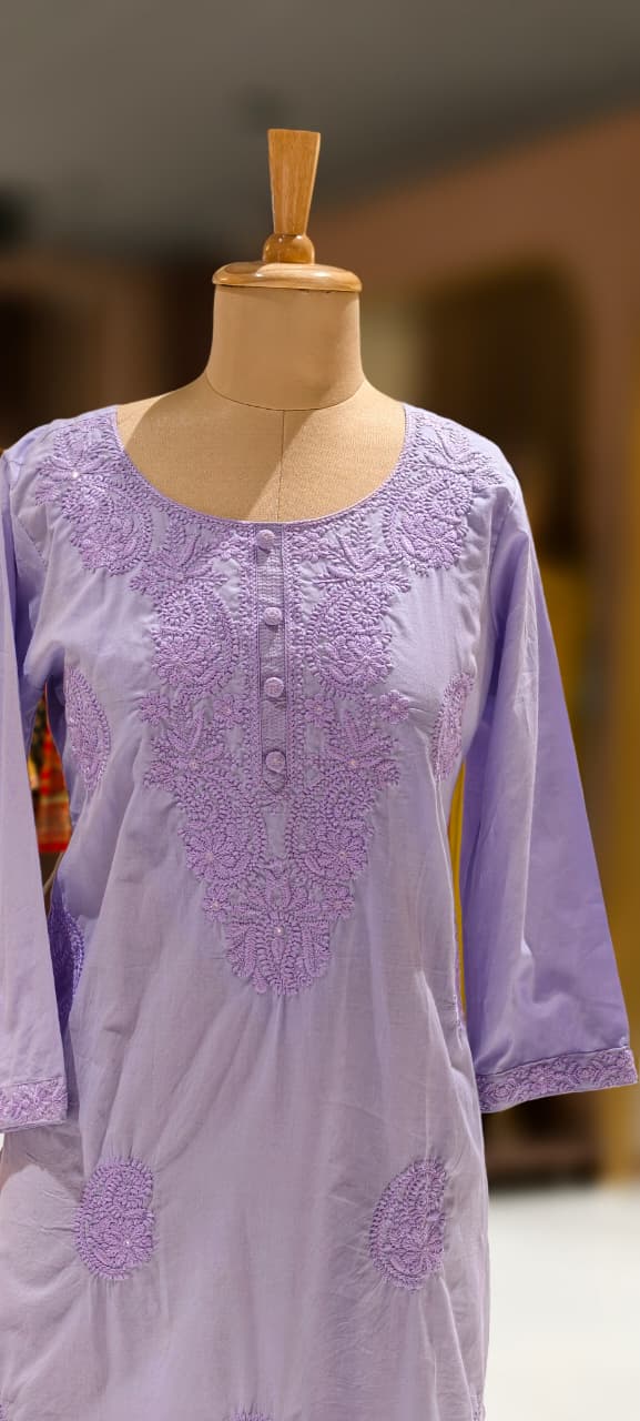Chikankari Pastel Shade Buttoned Cotton Kurti Only- 13060