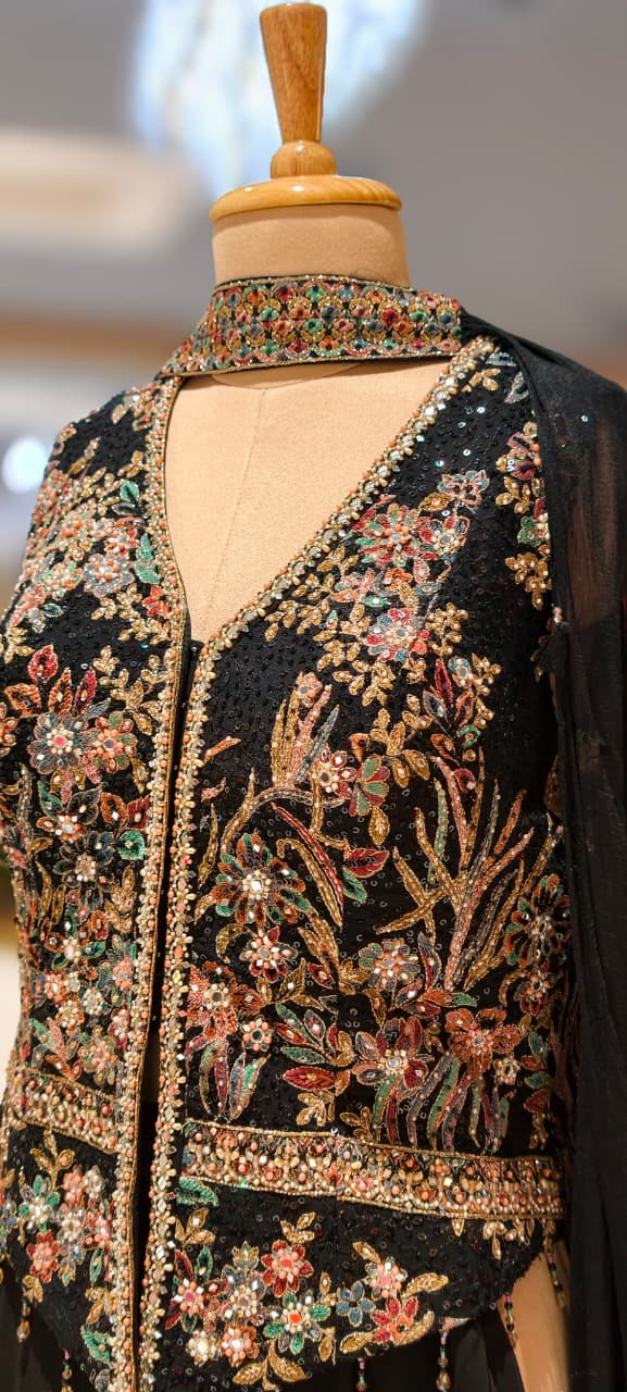 Sequin Embellished Multicolor Thread Embroidered Premium Blouse With Flared Palazzo Bottom & Chowker Dupatta- 12466