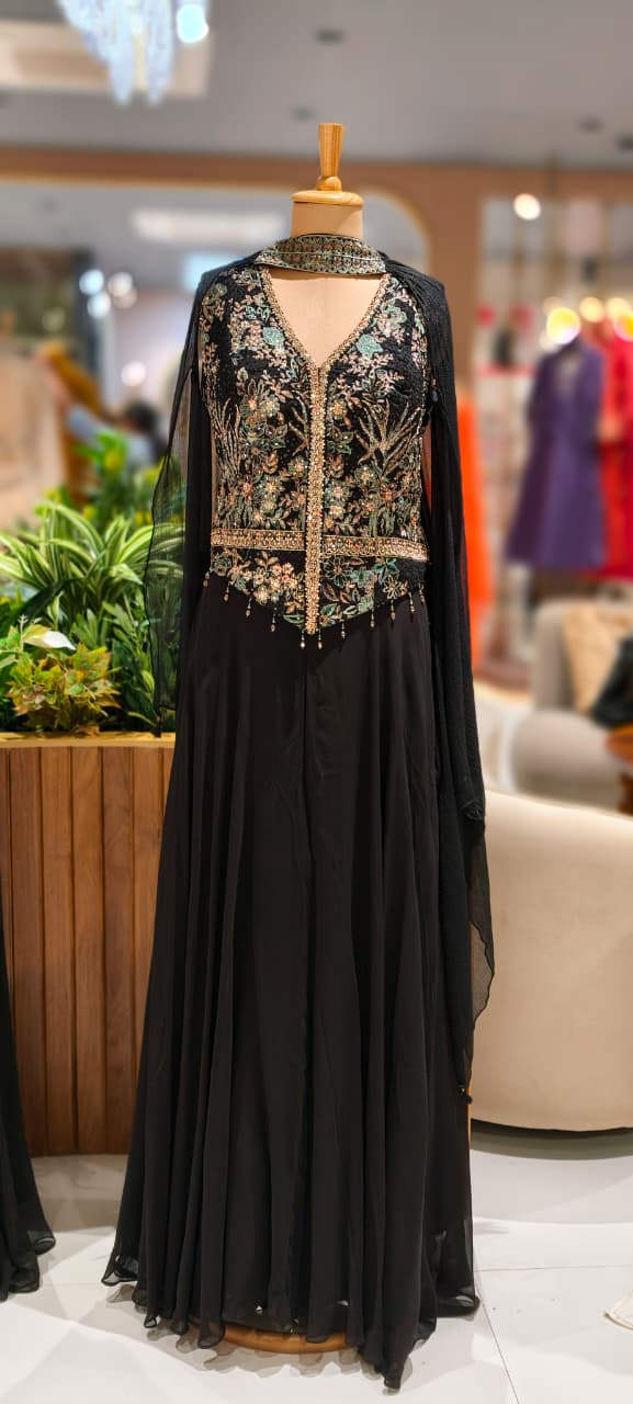 Sequin Embellished Multicolor Thread Embroidered Premium Blouse With Flared Palazzo Bottom & Chowker Dupatta- 12466