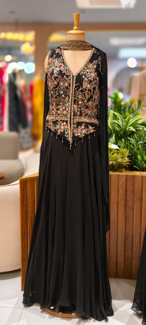 Sequin Embellished Multicolor Thread Embroidered Premium Blouse With Flared Palazzo Bottom & Chowker Dupatta- 12466