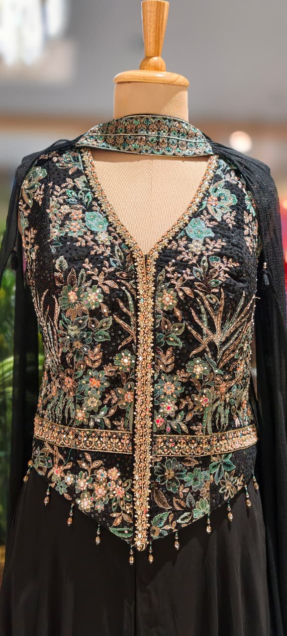 Sequin Embellished Multicolor Thread Embroidered Premium Blouse With Flared Palazzo Bottom & Chowker Dupatta- 12466