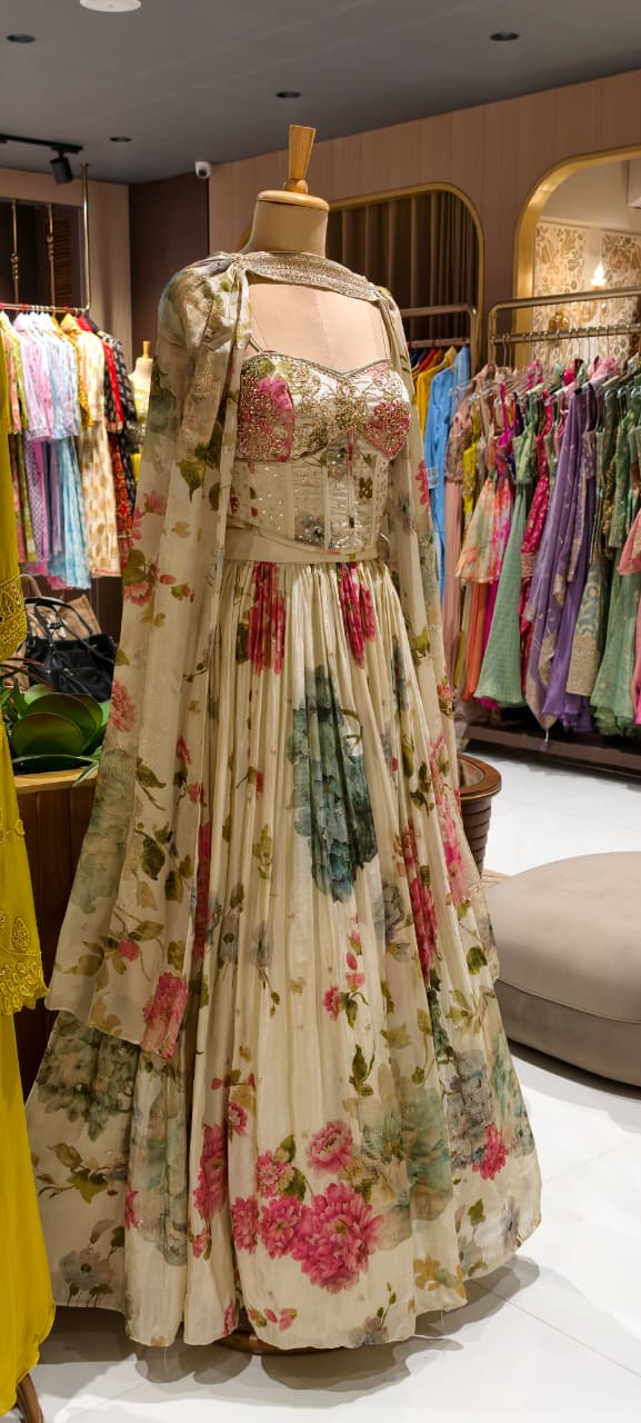 Multicolor Floral Prints Graceful Busted Sleeveless Crop-Top With Flared Skirt (Cane-Cane Inside) With Chowker Dupatta- 12356