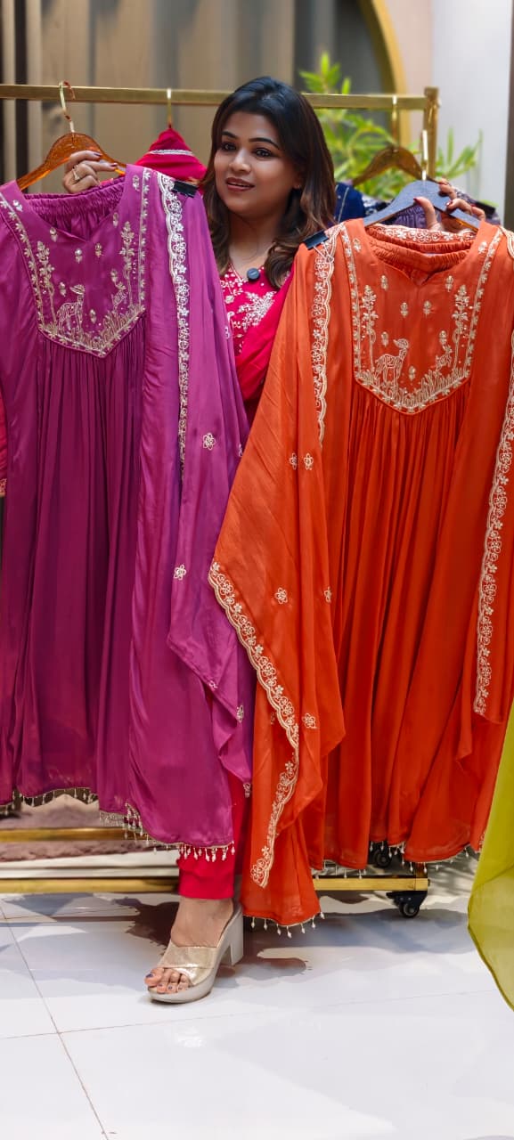 Figures Embroidery Beautiful Front Yoke Chinon A-Line Full Suit Set With Dupatta-13048