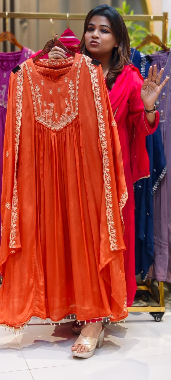 Figures Embroidery Beautiful Front Yoke Chinon A-Line Full Suit Set With Dupatta-13048