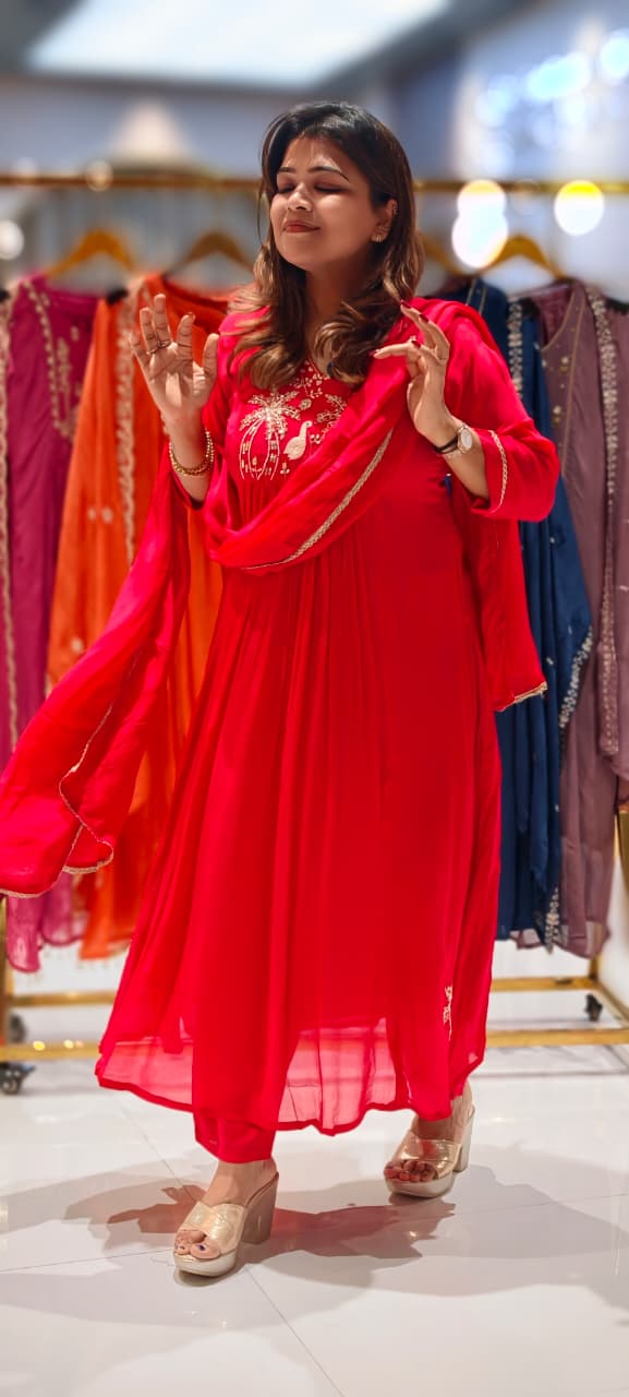 Figures With Trees Cut Dana & Pearl Work Chinon A-Line Full Suit Set With Dupatta- 13045