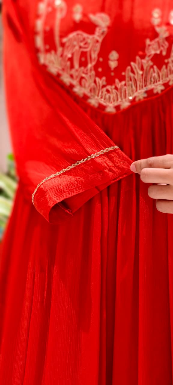 Figures Embroidery Beautiful Front Yoke Chinon A-Line Full Suit Set With Dupatta-13048