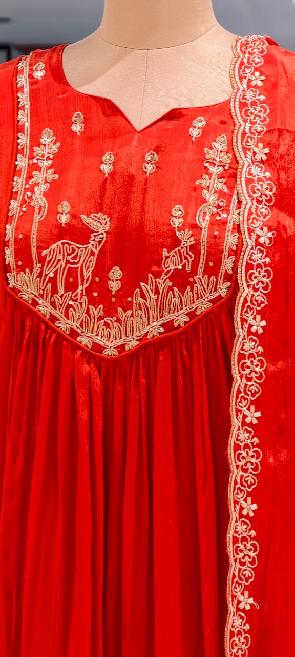 Figures Embroidery Beautiful Front Yoke Chinon A-Line Full Suit Set With Dupatta-13048