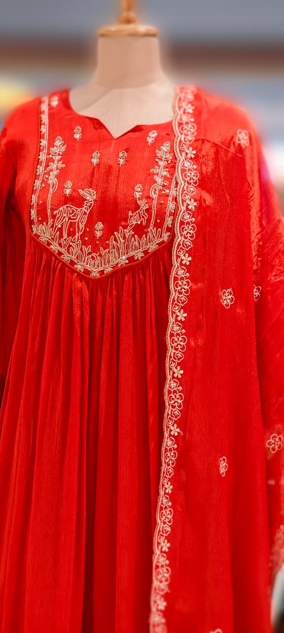Figures Embroidery Beautiful Front Yoke Chinon A-Line Full Suit Set With Dupatta-13048