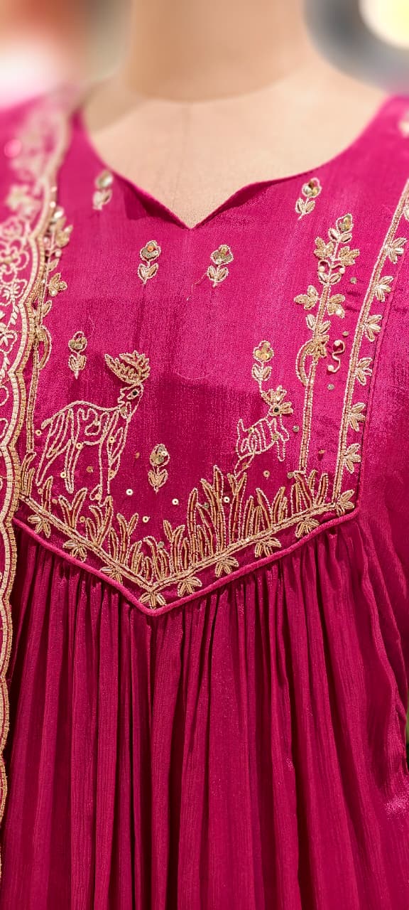 Figures Embroidery Beautiful Front Yoke Chinon A-Line Full Suit Set With Dupatta-13048