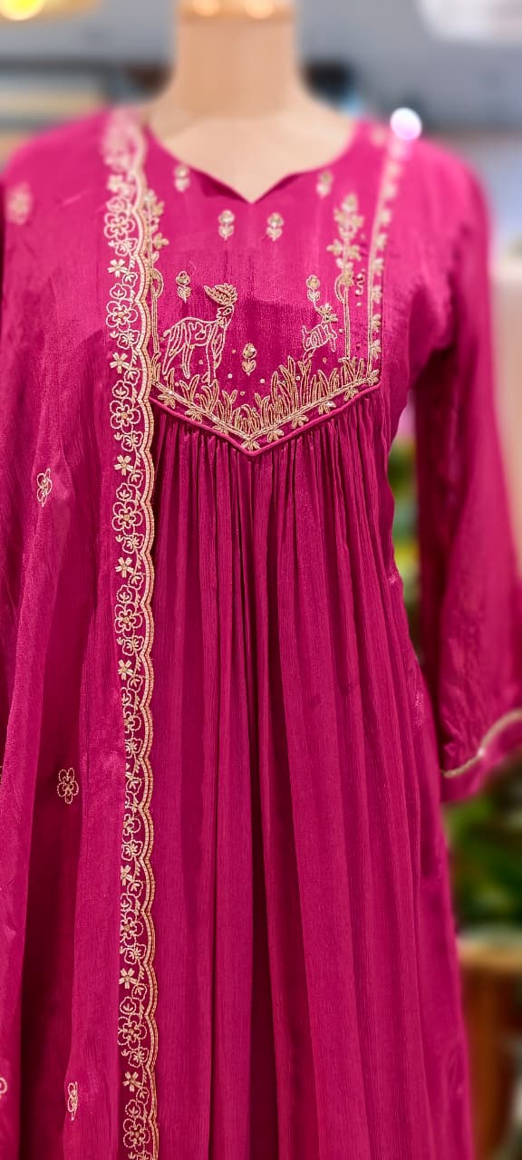 Figures Embroidery Beautiful Front Yoke Chinon A-Line Full Suit Set With Dupatta-13048