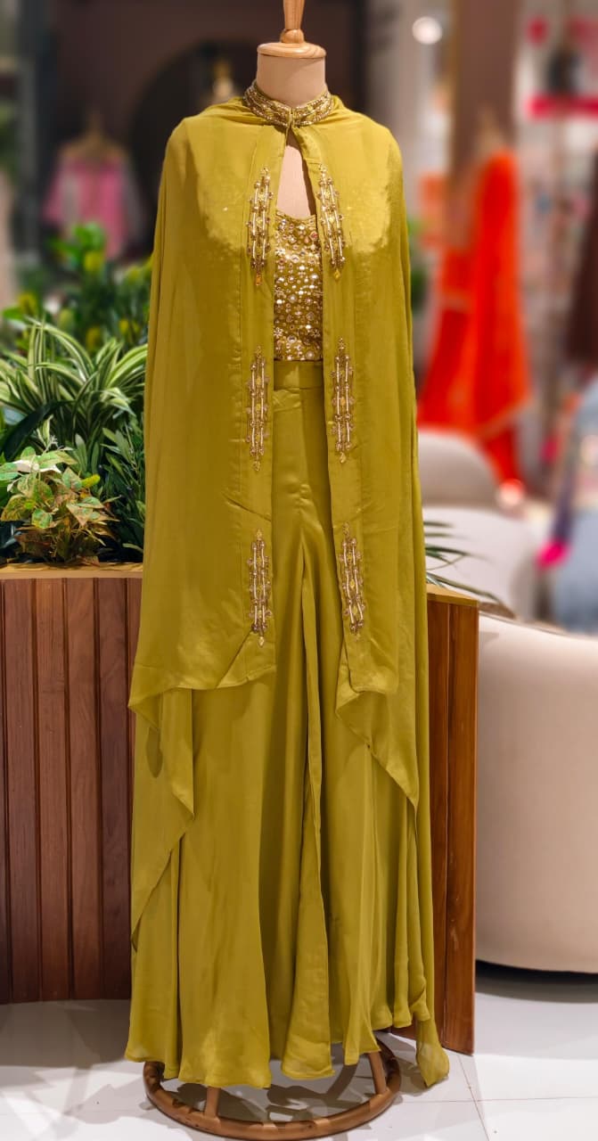 Stylish Cape With Mirror Work Busted Crop-Top & Loose Palazzo Bottom In Georgette Fabric- 13074
