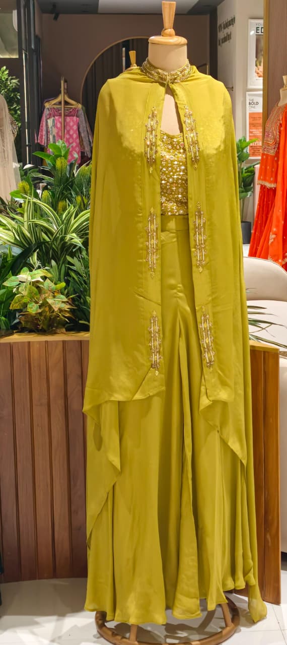 Stylish Cape With Mirror Work Busted Crop-Top & Loose Palazzo Bottom In Georgette Fabric- 13074