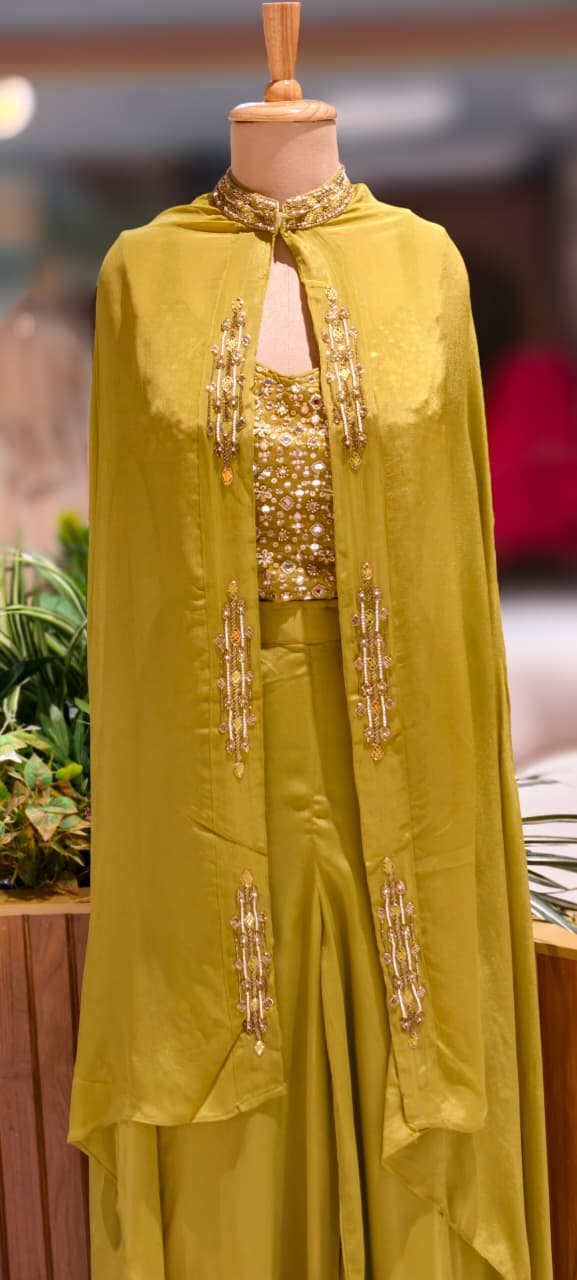Stylish Cape With Mirror Work Busted Crop-Top & Loose Palazzo Bottom In Georgette Fabric- 13074