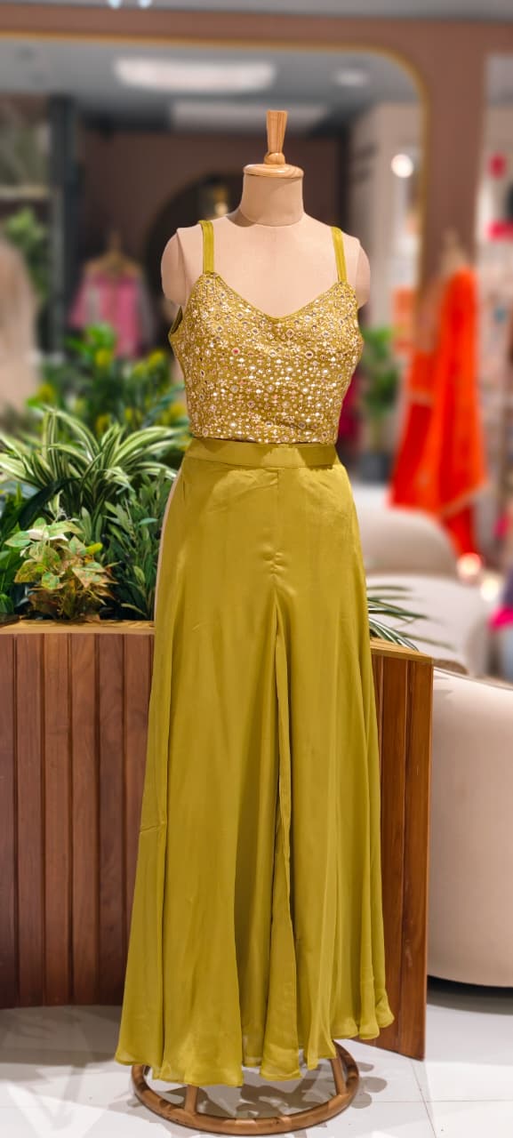 Stylish Cape With Mirror Work Busted Crop-Top & Loose Palazzo Bottom In Georgette Fabric- 13074