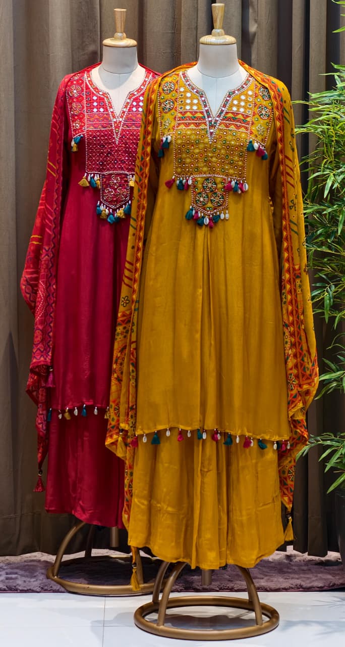 Boho Yoke Tasseled Rajasthani Look Chinon A-Line Full Suit Set With Dupatta- 13082
