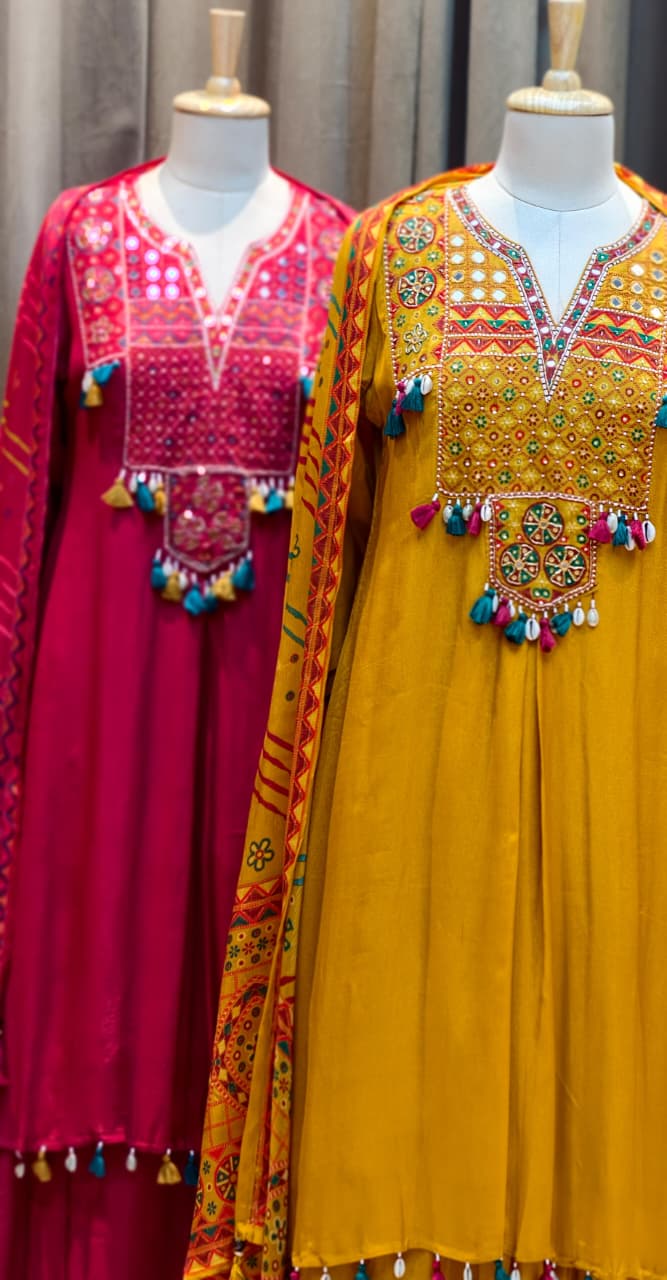 Boho Yoke Tasseled Rajasthani Look Chinon A-Line Full Suit Set With Dupatta- 13082