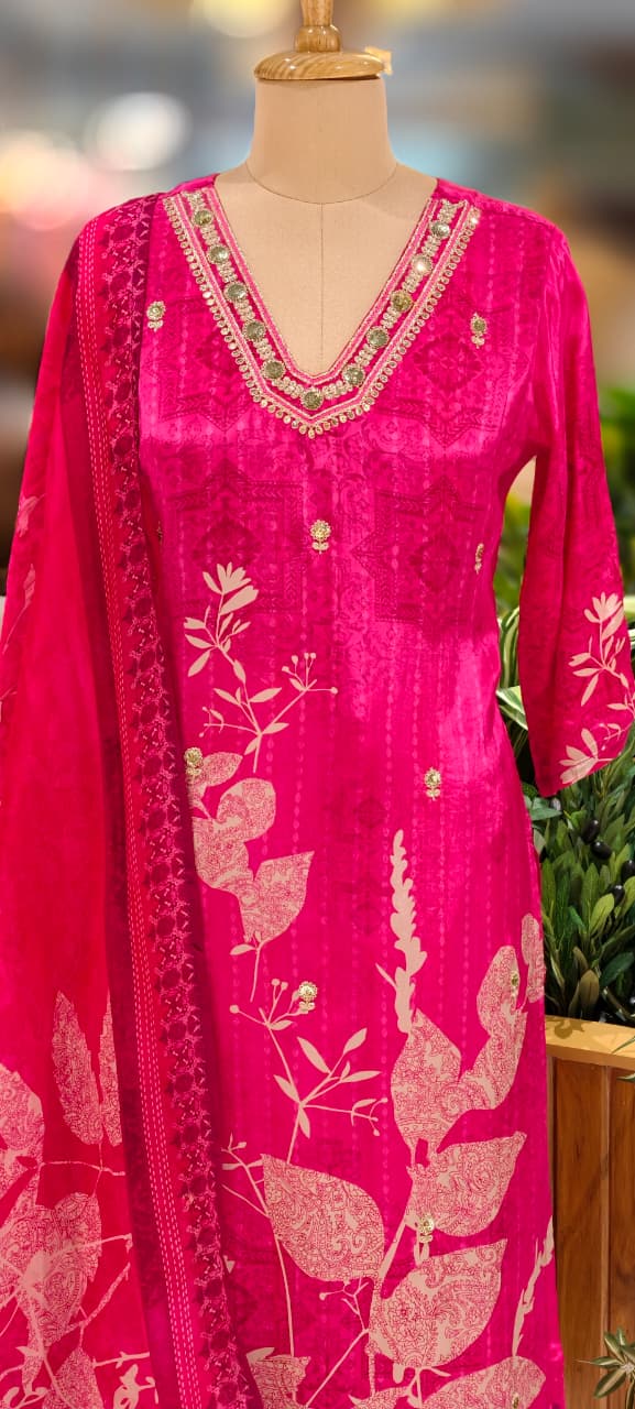 Rani Pink Floral Print Kurta With Embellished Neck Ethnic Full Suit Set With Dupatta In Crepe Fabric- 13079
