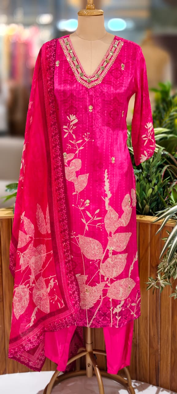 Rani Pink Floral Print Kurta With Embellished Neck Ethnic Full Suit Set With Dupatta In Crepe Fabric- 13079