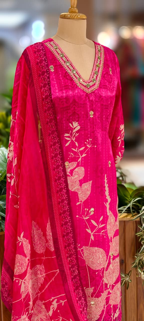 Rani Pink Floral Print Kurta With Embellished Neck Ethnic Full Suit Set With Dupatta In Crepe Fabric- 13079
