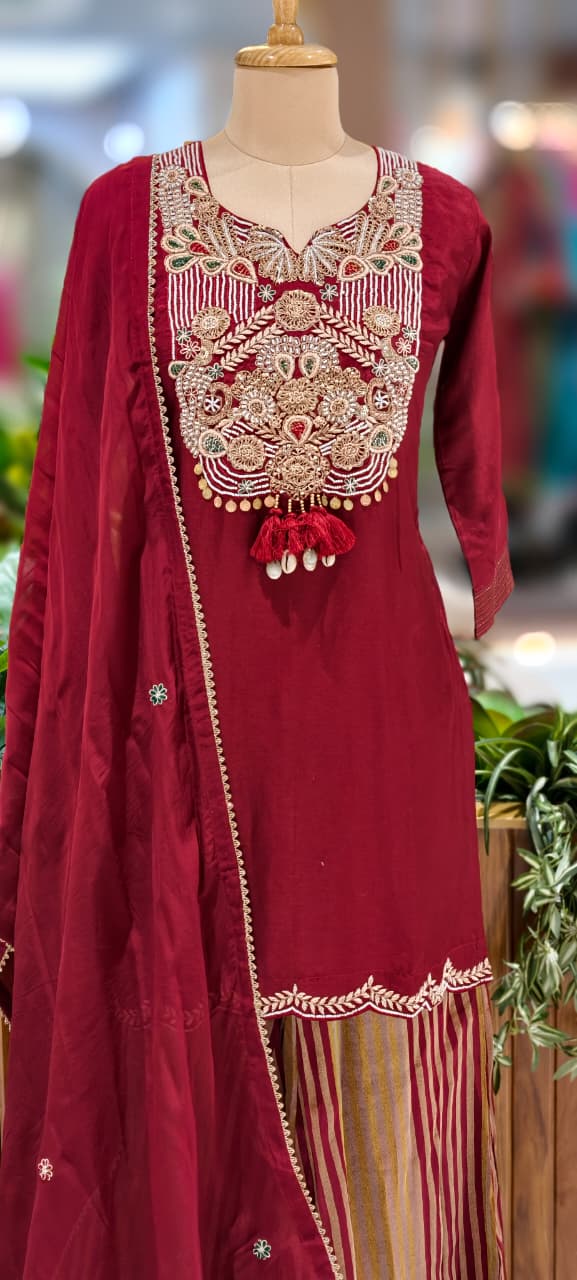 Royal Zardosi Charm Embroidery Work Short Length Kurta With Striped Palazzo Bottom & In Tissue Fabric-13084