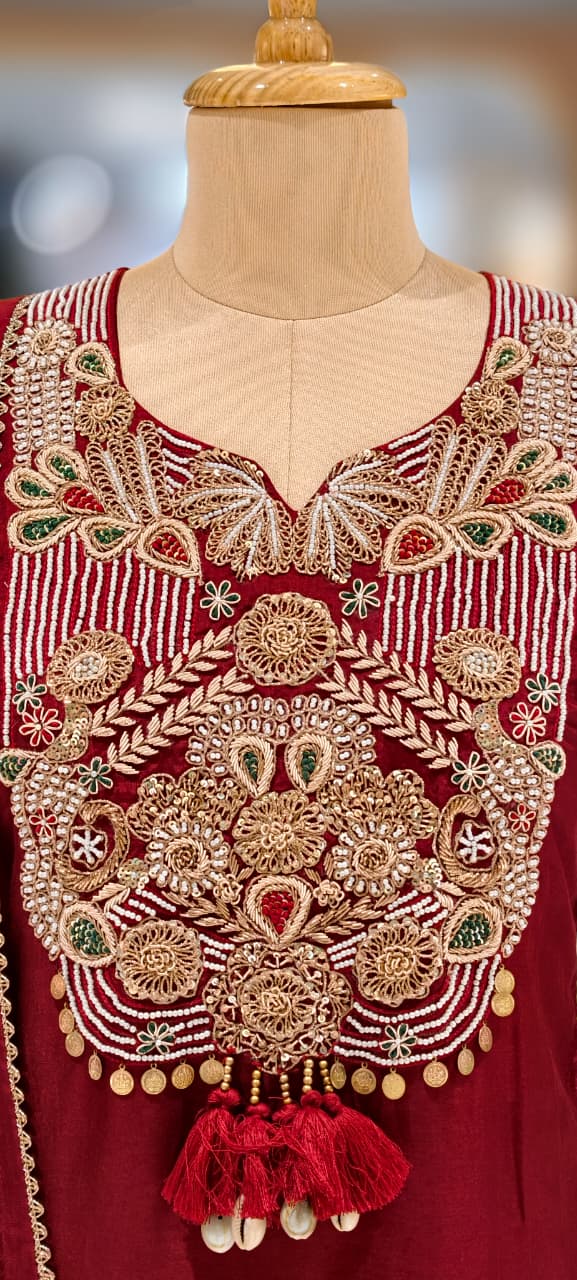 Royal Zardosi Charm Embroidery Work Short Length Kurta With Striped Palazzo Bottom & In Tissue Fabric-13084