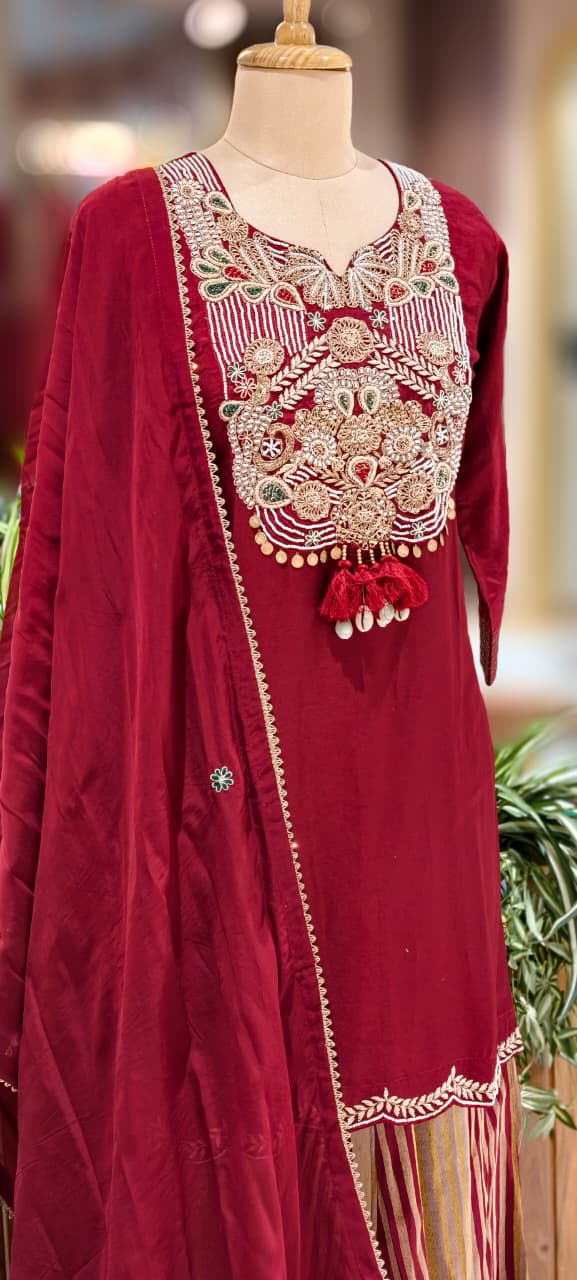Royal Zardosi Charm Embroidery Work Short Length Kurta With Striped Palazzo Bottom & In Tissue Fabric-13084