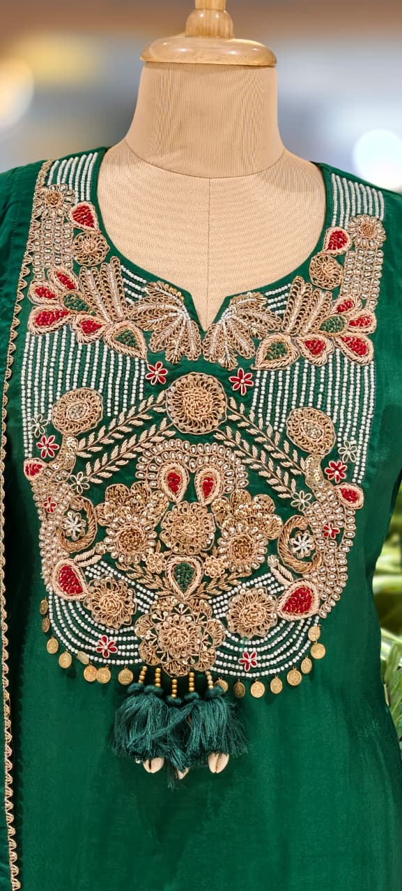 Royal Zardosi Charm Embroidery Work Short Length Kurta With Striped Palazzo Bottom & In Tissue Fabric-13084