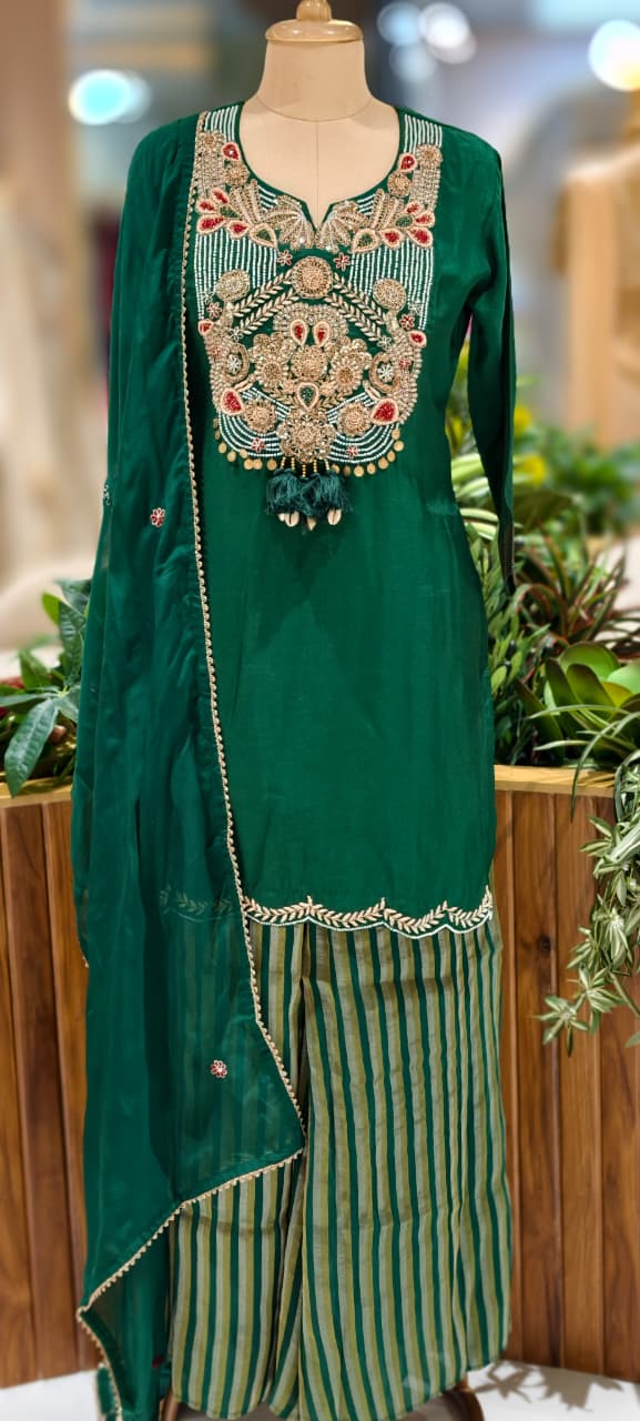 Royal Zardosi Charm Embroidery Work Short Length Kurta With Striped Palazzo Bottom & In Tissue Fabric-13084