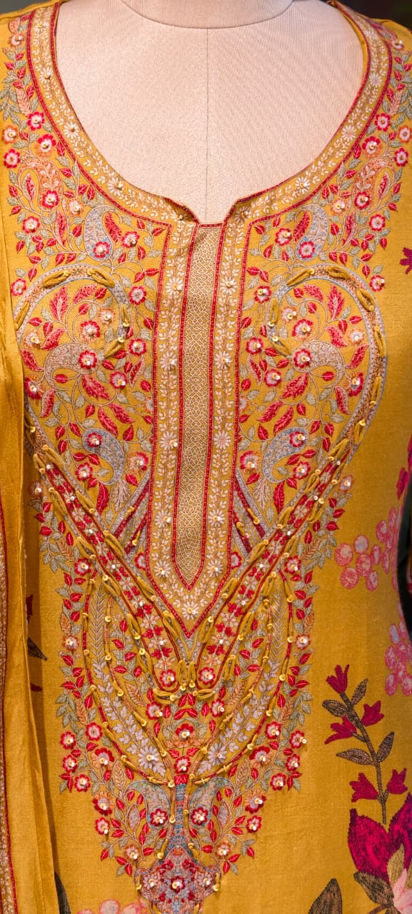 Digital Floral Placement Print Straight Full Suit Set With Dupatta In Muslin Fabric- 13153