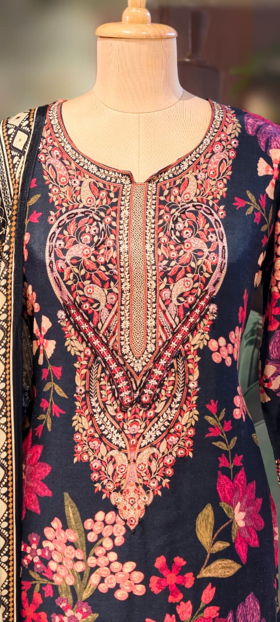 Digital Floral Placement Print Straight Full Suit Set With Dupatta In Muslin Fabric- 13153