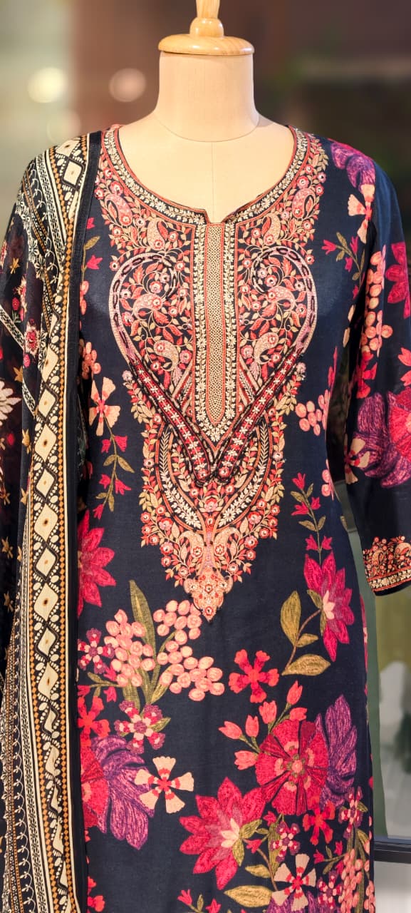 Digital Floral Placement Print Straight Full Suit Set With Dupatta In Muslin Fabric- 13153