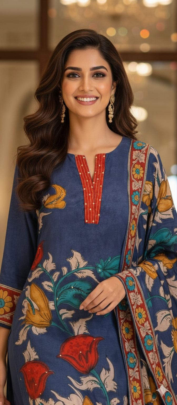V-Neck Line With Foil Upwork Printed A-Line Full Suit Set With Dupatta In Muslin Fabric- 13116