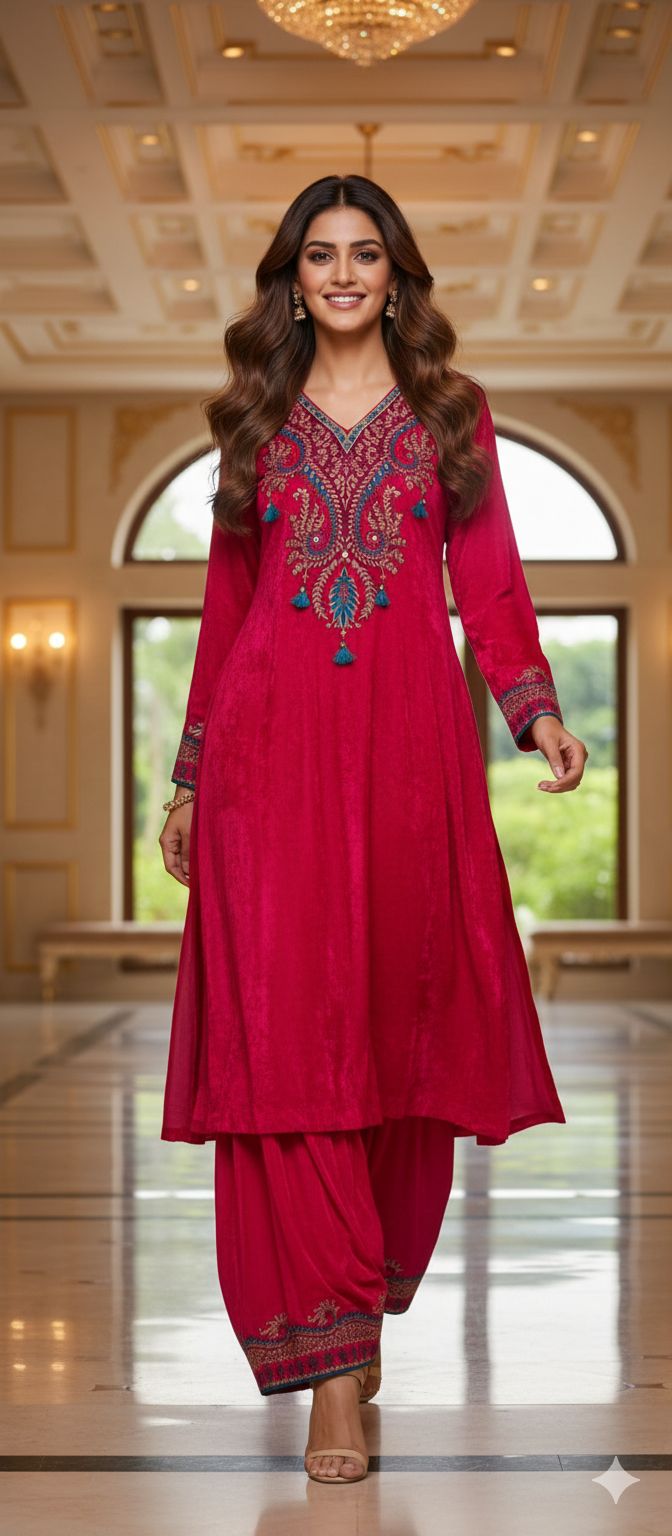 Beautiful Print Vibrant Kurta With Farsi Bottom Set In Crepe Fabric- 13107