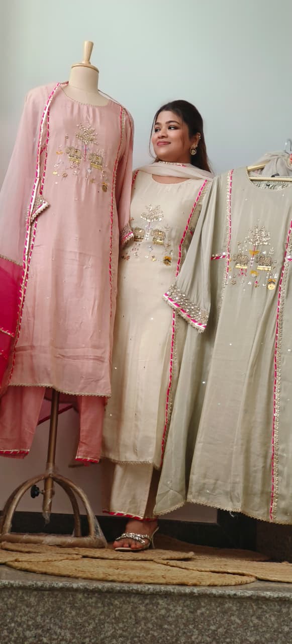 Figure Embroidery Real Mirror With Sequin Elegance Tissue Highlighted A-line Full Suit Set With Dupatta- 11324
