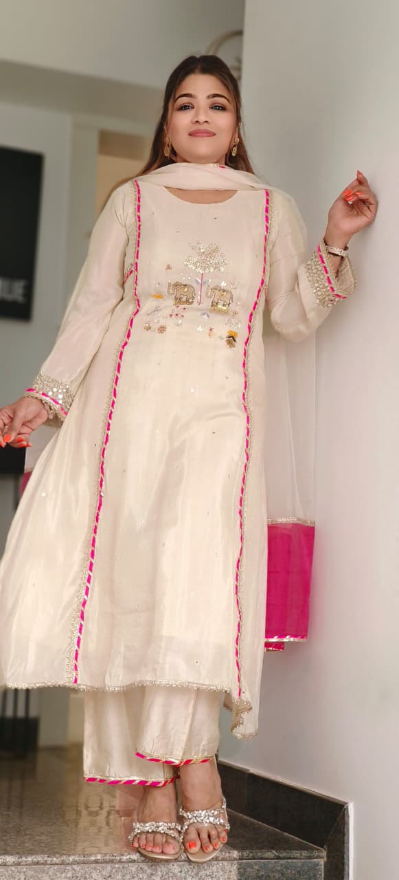 Figure Embroidery Real Mirror With Sequin Elegance Tissue Highlighted A-line Full Suit Set With Dupatta- 11324