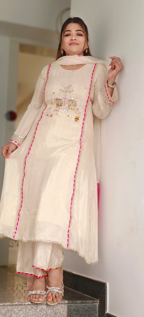 Figure Embroidery Real Mirror With Sequin Elegance Tissue Highlighted A-line Full Suit Set With Dupatta- 11324