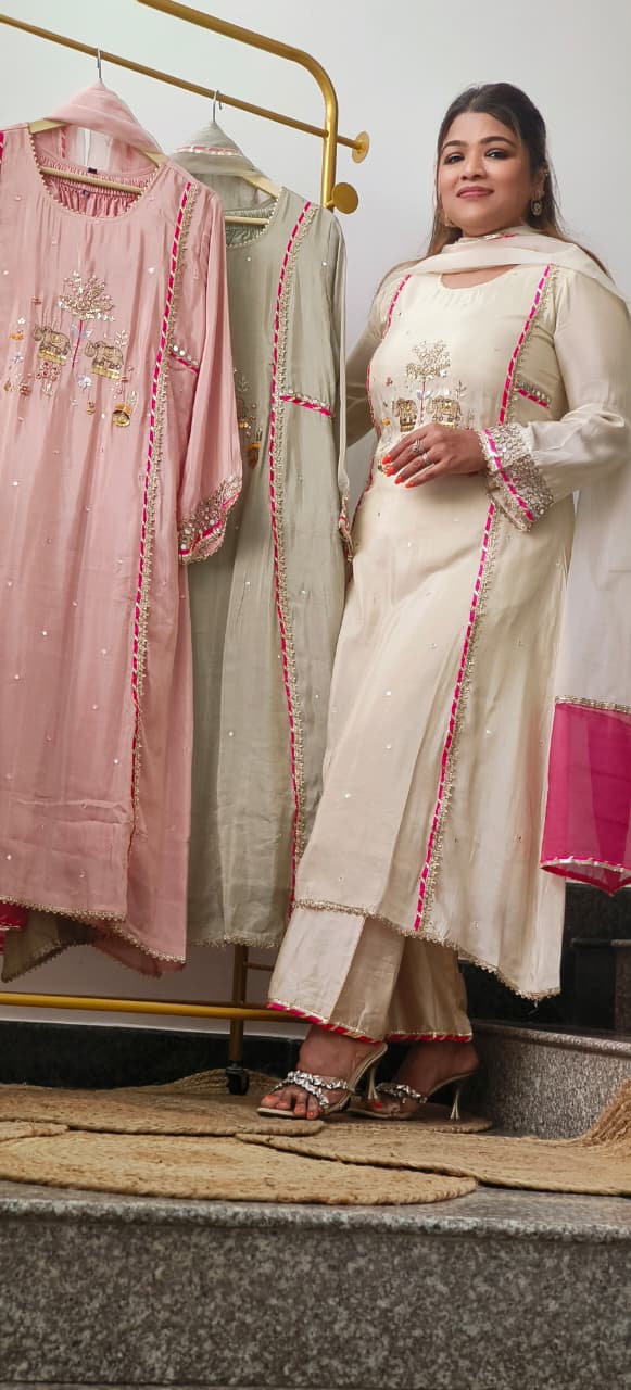 Figure Embroidery Real Mirror With Sequin Elegance Tissue Highlighted A-line Full Suit Set With Dupatta- 11324