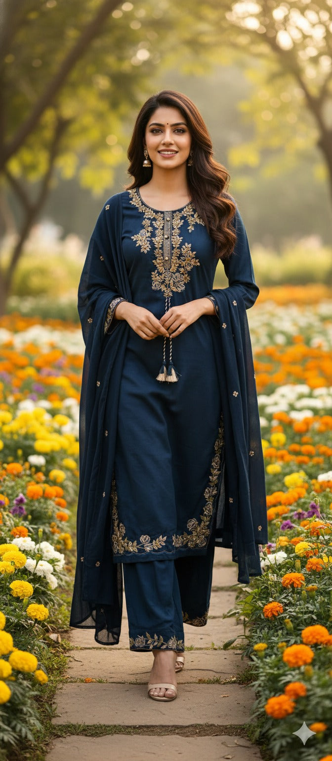 Complete Fine Embroidery Work Solid Cotton Full Suit Set With Dupatta- 13184