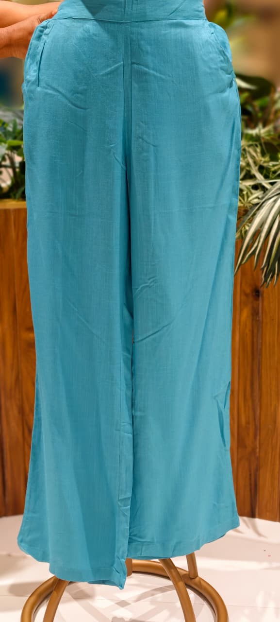 Multicolor Thread Embroidery Front Design Solid Co-Ord Set With Stylish Sleeve In Slub Cotton Fabric-13223