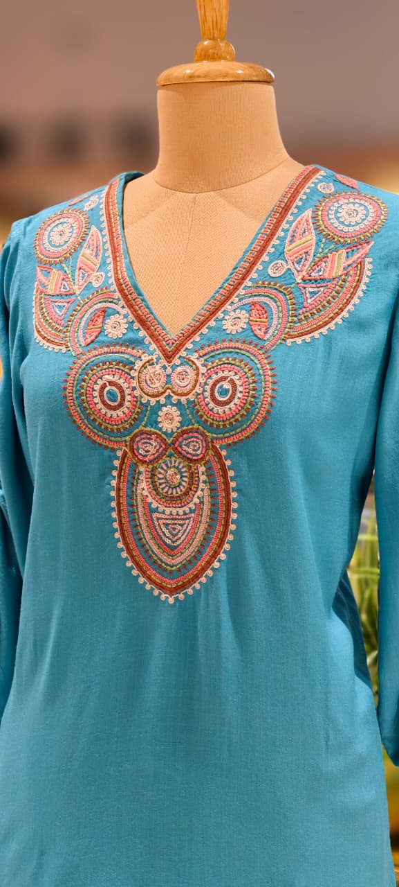 Multicolor Thread Embroidery Front Design Solid Co-Ord Set With Stylish Sleeve In Slub Cotton Fabric-13223