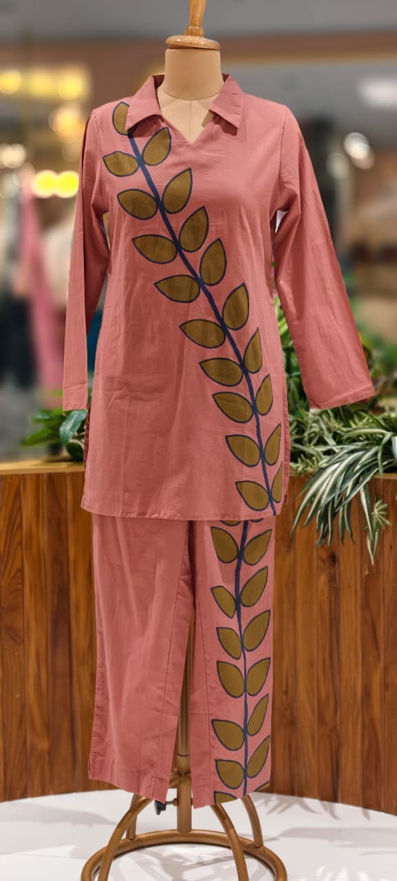 Placement Leafy Print Solid Color Matching Collared Co-Ord Set In Cotton Fabric-13219