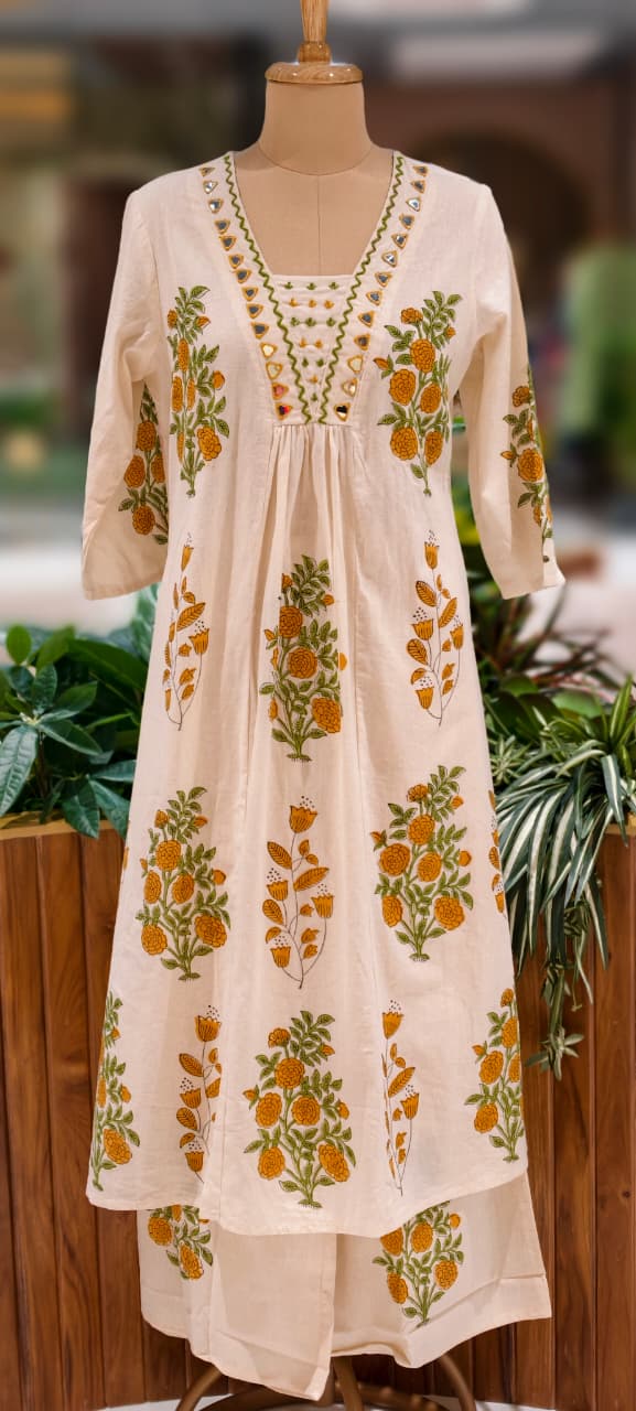 Real Mirror Beautiful Neck Line Floral Printed A-Line Kurta Pant Set In Cotton Fabric-13222