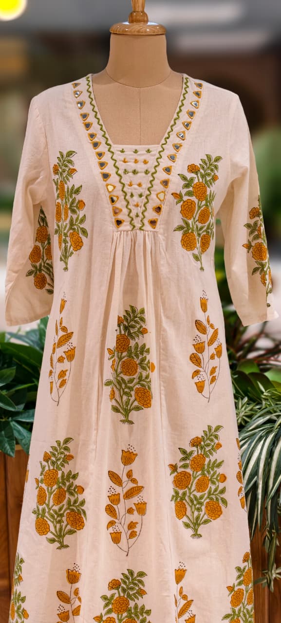 Real Mirror Beautiful Neck Line Floral Printed A-Line Kurta Pant Set In Cotton Fabric-13222