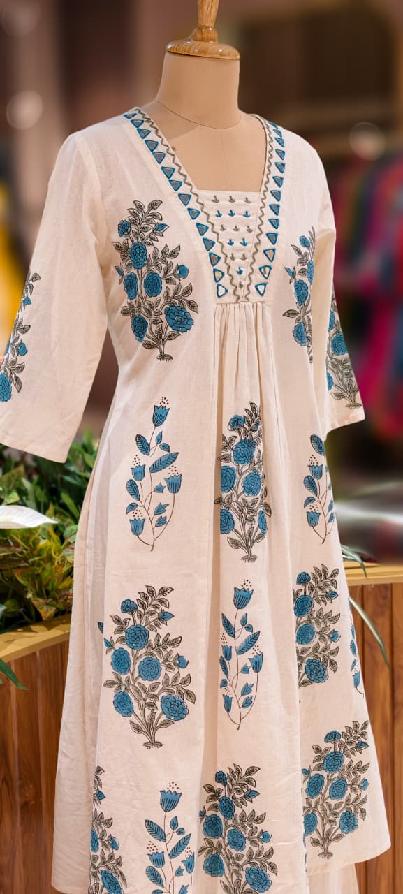 Real Mirror Beautiful Neck Line Floral Printed A-Line Kurta Pant Set In Cotton Fabric-13222