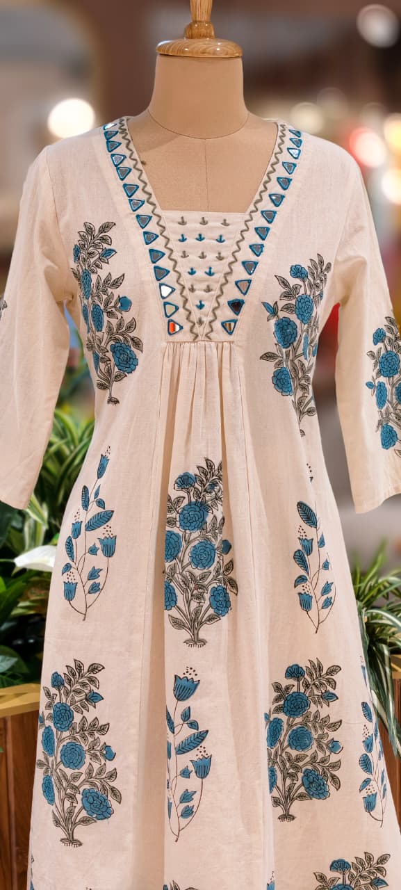 Real Mirror Beautiful Neck Line Floral Printed A-Line Kurta Pant Set In Cotton Fabric-13222