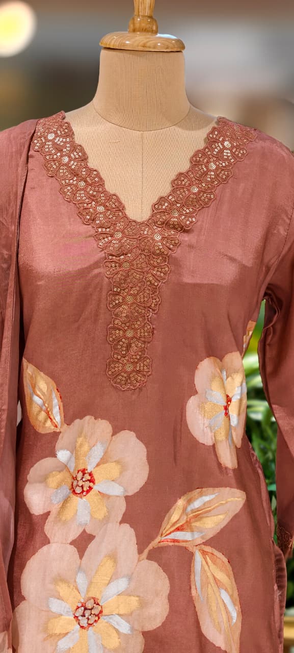 Floral Patch With Cut-Work Neck Line Full Suit Set With Dupatta & Farsi Shalwar-13231(Loose Fit)