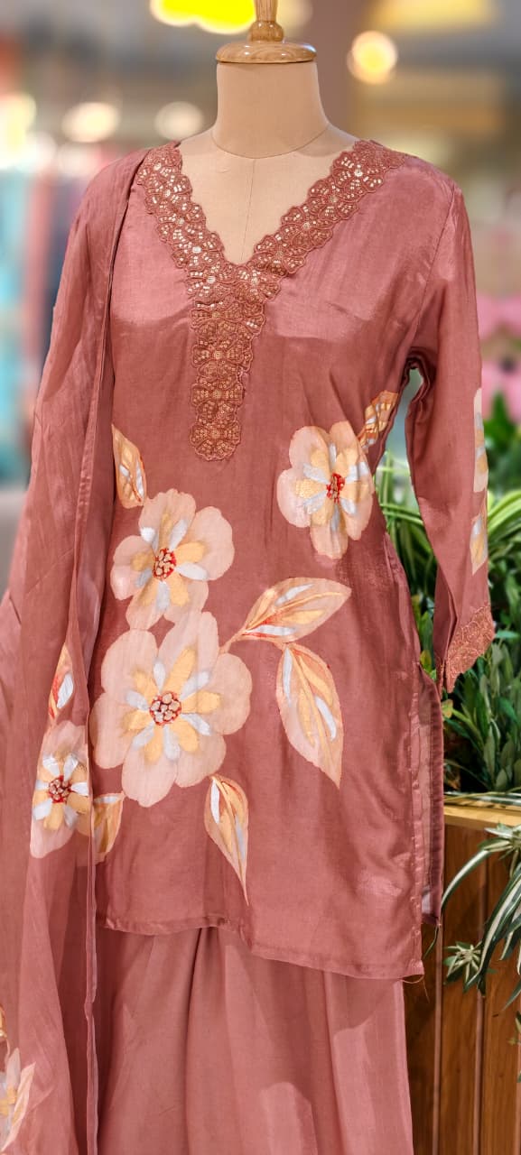 Floral Patch With Cut-Work Neck Line Full Suit Set With Dupatta & Farsi Shalwar-13231(Loose Fit)
